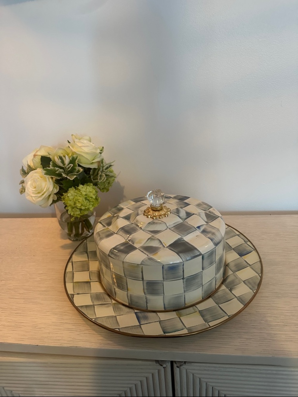 Mackenzie Childs Sterling Check Enamel Cake Carrier